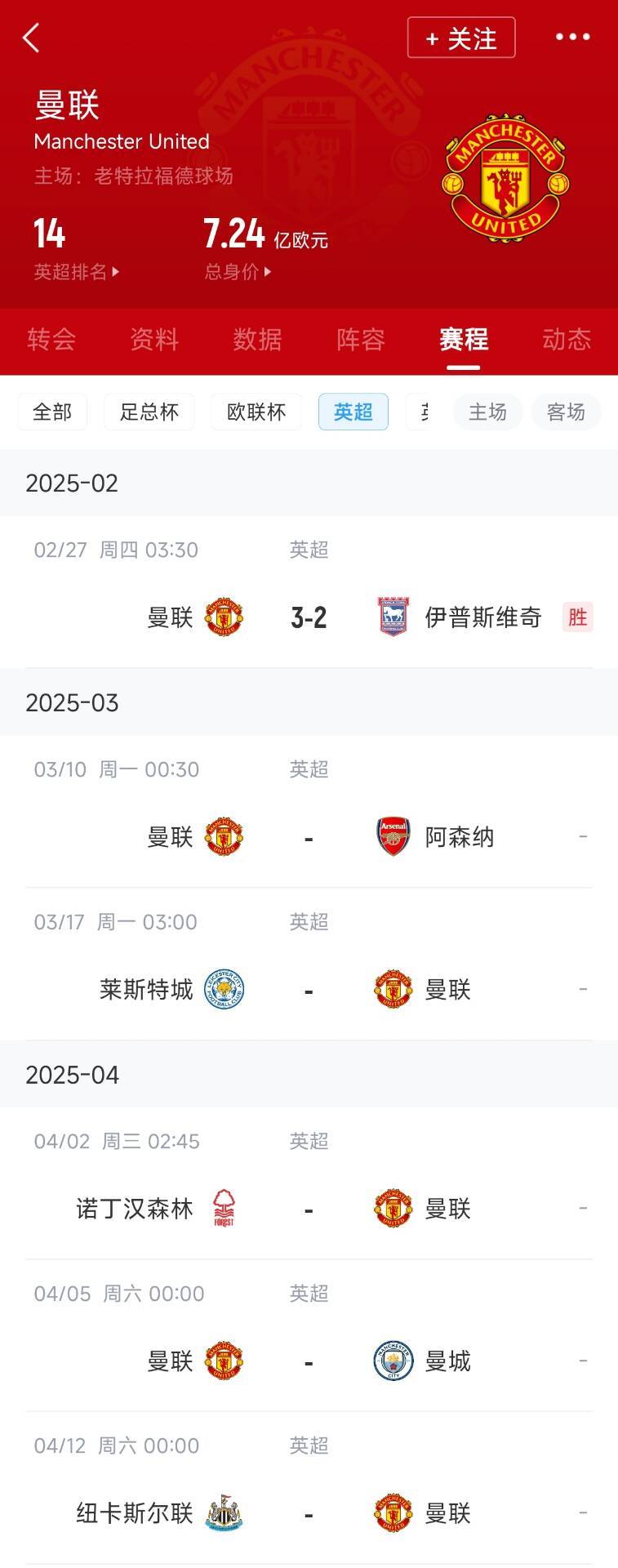 藍(lán)狐救一下？曼聯(lián)未來(lái)5輪將遭遇英超2/3/4/6名：槍手森林曼城紐卡